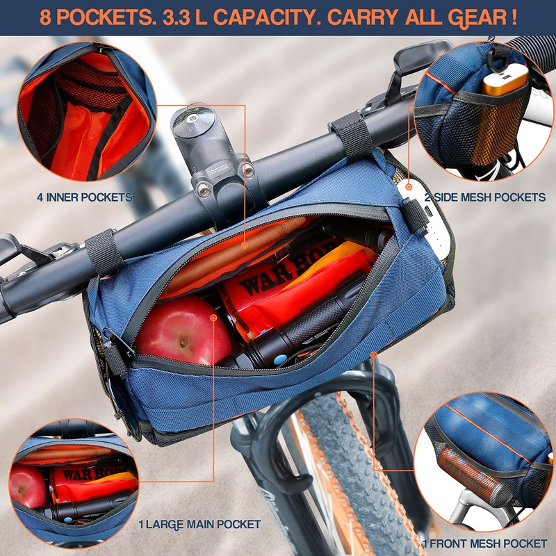 OBOVA Bike Handlebar Bag 3.3L 8-Pocket Waterproof Handlebar Bags for