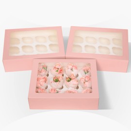 Gcardist Automatic Popup 4 Cupcake Boxes with Window Pink Pack of 12 Cupcake Boxes 16 x 16 x 7.6 cm Bakery Boxes for Cupcake Carriers, Cupcake Containers (6.3 x 6.3 x 3 inches)