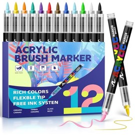 GOTIDEAL Acrylic Paint Markers Brush Tip,Waterproof Paint Pens acrylic Markers,No Bleed Acrylic Brush markers for Fabric,Wood,Rocks,Canvas Painting,Glass,Ceramic,Art Craft Supplies(12 Colors)