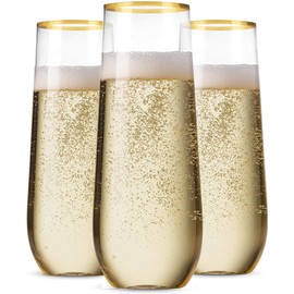 Munfix 12 Pack Stemless Plastic Champagne Flutes, Disposable 9 Oz Gold Rim Clear Plastic Toasting Glasses Shatterproof Recyclable and BPA-Free