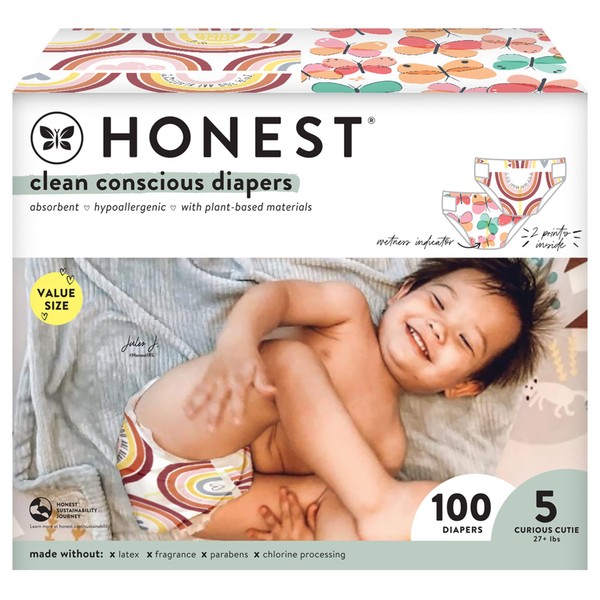 The Honest Company Clean Conscious Diapers | Plant-Based, Sustainable | Wingin' It + Catching Rainbows | Super Club Box, Size 5 (27+ lbs), 100 Count