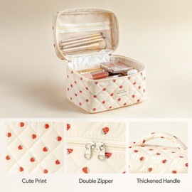 HBselect Quilted Makeup Bag, 3PCS Cotton Large Travel Makeup Bag, Cute Floral Coquette Make up Bag Cosmetic Bag Toiletry Bag for Women Girls