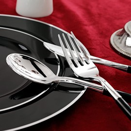 WELLIFE 24 Guests Disposable Black Plastic Plates with Silver Rim, Silver Cutlery with Black Handle, Includes: 24 Dinner Plates, 24 Dessert Plates, 24 Knives, 24 Forks,24 Spoons