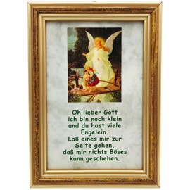 Lunexus Guardian Angel Prayer Picture 12 x 17 cm with Wooden Frame and Real Glass - Catholic Blessed - Angel Motif Guides Children Over Bridge + Children's Prayer - Wall Picture Christening Birth