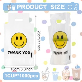 Whaline 1000 Count Thank You Handle Drink Bags 1 Cup Smile Face Plastic Packaging Poly Bag Carriers for Delivery Take Out Cup Holder Beverage Coffee Juice Milk Tea Stores, 11 x 6.3 Inch