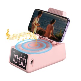 Deeyaple Gifts for Men/Women 3 in 1 Wireless Bluetooth Speaker with Loud Alarm Clock Cell Phone Stand TF Card Reader 12H Display Mic HD Surround Sound Kitchen Bedroom Office Cell Phone＆Tablet (Pink)
