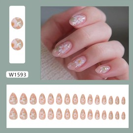 Tyuimhx White Flowers Press on Nails Short Almond Fake Nails Floral False Nails Glossy Full Cover Stick on Nails Acrylic Artificial Nails for Women Glue on Nails 24Pcs