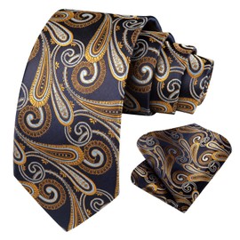 HISDERN Floral Paisley Wedding Tie Handkerchief Men's Necktie & Pocket Square Set, One Size, Navy Blue / Gold