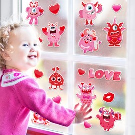 Whaline 2 Sheet Valentine's Day Thick Gel Clings Red Pink Love Heart Monster Window Gel Decals for Wedding Anniversary Home Classroom Nursery Party Supplies