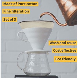Clarkia 3 Piece Count Cotton Cone Coffee Filter Unbleached All-Natural, Reusable Filter Pour Over Dripper - Eco-Friendly Replacement for coffee filter papers