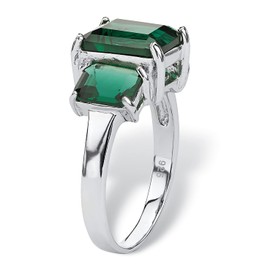 PalmBeach Sterling Silver Emerald Cut Simulated Green Emerald 3-Stone Ring Sizes 5-10 Size 5