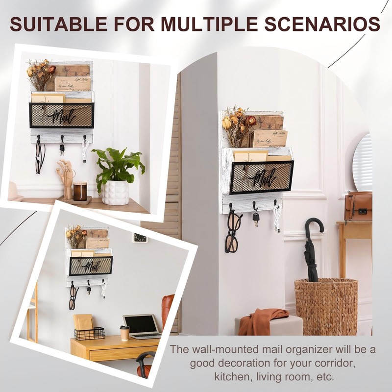 Yalikop Farmhouse Mail Organizer Wall Mounted Rustic Mail Holder Hanging