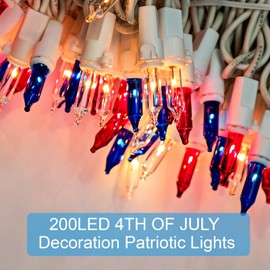 Yiaht 4th of July Decorations Lights Red White & Blue 200 Count 40 Feet Patriotic Mini String Lights Waterproof Independence Day for Indoor Outdoor Christmas Party Patio Memorial Day Décor