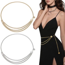 Heogacinlia 2 PCS Multilayer Metal Waist Chain Belt for Women Fashion Circle Adjustable Belt Elegant Long Waist Ornament Accessories for Dresses Jeans Trousers Short Skirt（Gold Silver）