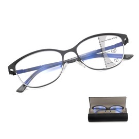 FEIVSN Cat Eye Progressive Multifocus Reading Glasses for Women No Line Multifocal Readers Metal Frame with Hard Case (Workspace For Near Range, Black + Silver, +2.00)