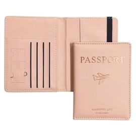 SamHeng Airplane Passport Holder, Universal Passport Cover with Card Slot & Elastic Strap for Women Men, PU Leather Travel Wallet Organiser for Passport Tickets Credit Cards Boarding Passes (Pink)