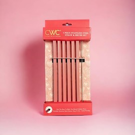 CWC VALENTINES DAY 7 PIECE STAINLESS STEEL STRAW & BRUSH SET (PINK)