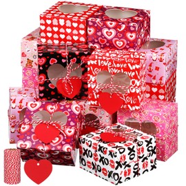 Skyygemm 50 Pcs Valentine's Day Bakery Treat Boxes Valentines Cupcake Boxes Valentines Goodie Boxes with Heart Window Bakery Take out Containers with Tags and Rope for Doughnut Cookie Candy Dessert