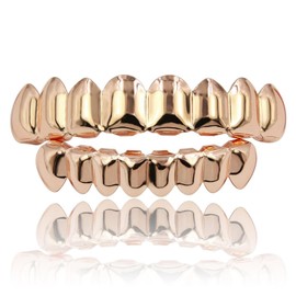 JINAO Rose Gold Grill for Your Teeth 18K Gold Plated Gold Finish 8 Top Teeth 8 Bottom Tooth grillz Hip Hop Mouth Grills for Men Women (Rose Gold Set)
