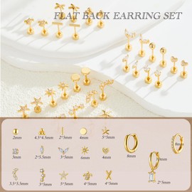EILINOA 18 Pairs Flat Back Earrings for Women - 18K Hypoallergenic Stainless Steel Small Stud Earrings Set - Minimalist Tiny Gold Hoop, Flower, Heart, Star Earrings for Tiny Screw Back Helix, Lobe