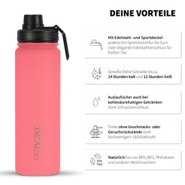 720°Dgree Stainless Steel Drinking Bottle "noLimit" - 950ml, 1200ml - Leak-Proof, Suitable for Carbonated Drinks, BPA Free, Insulated Bottle with Screw Cap for Sports, Fitness, Outdoors + Sports Lid, Pink, 950ml