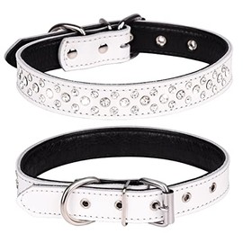 Bbmmayy Rhinestones Dog Collar, Adjustable Sparkly Crystal Studded Genuine Leather Pet Dog Collar for Small and Medium Breeds (M fit Neck 12-15", White)
