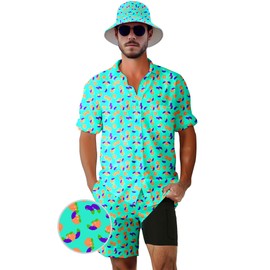 FFCrying Mens 2 Piece Tracksuit Hawaiian Shirt for Men Button Down Shirts Shorts Rave Outfits with Bucket Hats