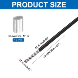 sourcing map 98Ft(30M) Wire Rope 304 Stainless Steel Cable 1/16" (1.5mm) Vinyl Coated with 10Pcs Aluminum Sleeves for Hanging Clotheslines, Lifting,Black