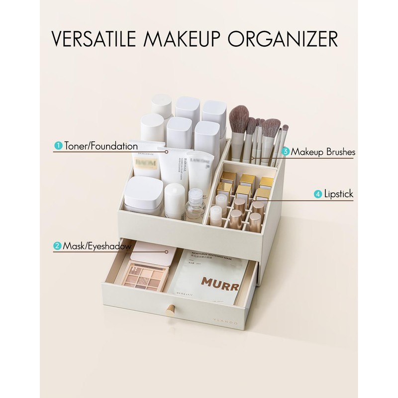 Vlando Makeup Organzier,Vanity Organizer with Drawers, PU Leather Skincare Organizer