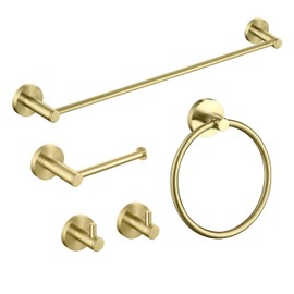 KIBI 5-Piece Bathroom Hardware Set – Circular Bath Wall Mounted Hardware Accessory Kit Includes, 18 Inch Towel Bar, Hand Towel Ring, Toilet Paper Holder, 2-Robe Hooks (Brushed Gold, C-KBA14-5-3)