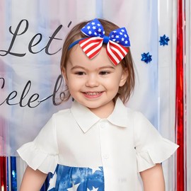 ONENINEDREAM 4th of July Baby Bows for Girls Patriotic Headband American Flag Star Bow Hair Ribbon Bow for Toddler Newborn Elastic Nylon Hair Accessories Red Blue