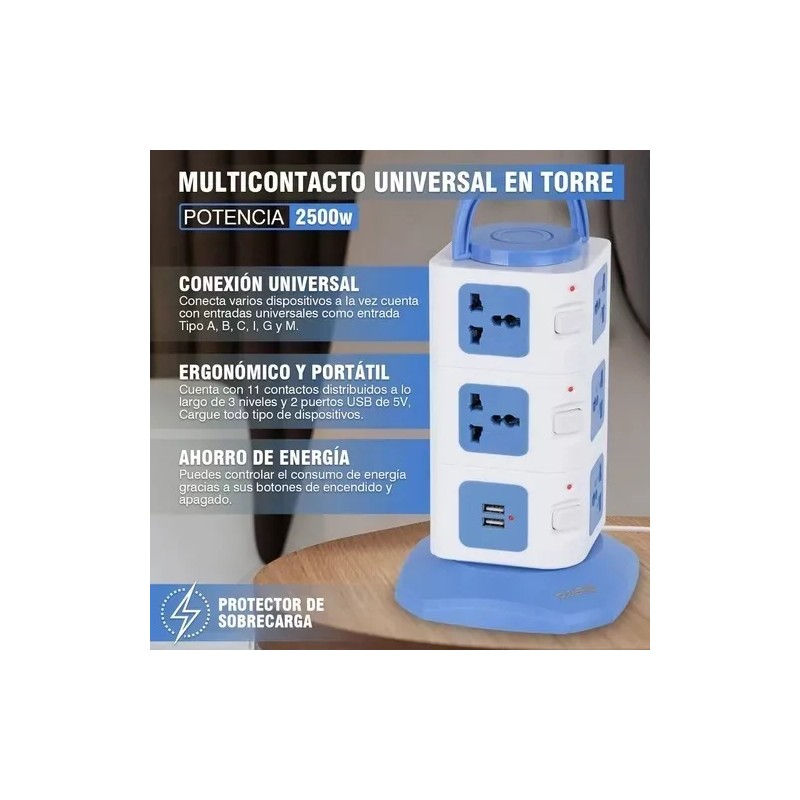 Transhine Torre Multicontacto Regleta Protector 11 Ac / 2 Usb