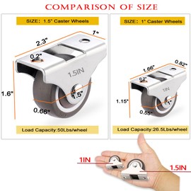 1-1/2 Inch Fixed Caster Wheels Set of 4, Heavy Duty Industrial Casters, Silent Rigid Plate Casters, Furniture Casters for Hardwood Floors, Load Capacity 200 Lbs, Non Swivel
