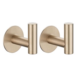 JQK Self Adhesive Towel Hook Champagne Bronze, No Drill Stick on Coat Robe Clothes Wall Hook for Bathroom 2 Pack, 304 Stainless Steel, ATH110-CB-P2