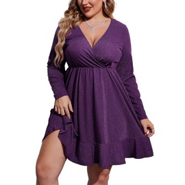 IN'VOLAND Plus Size Womens Glitter Dress V Neck Long Sleeve Ruffle Hem Swing Club Cocktail Party Dresses Pink