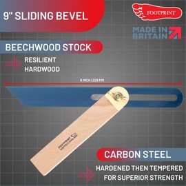 Footprint Tools 9"/228mm Sliding Bevel - Anti-Rust Chemically Blued Hardened Steel. Beechwood Stock for Durability. Brass fittings for longevity. Check Angles/mark joints in Woodwork Carpentry.