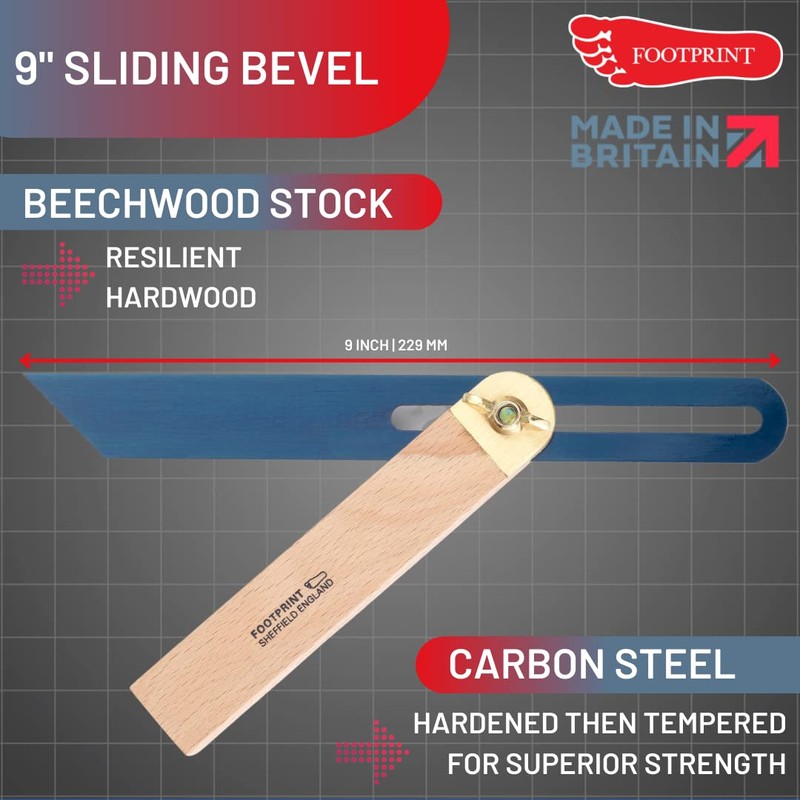 Footprint Tools 9"/228mm Sliding Bevel - Anti-Rust Chemically Blued Hardened