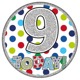 Age 9 Birthday Badge Blue, Green And Silver Holographic Recyclable 9th Birthday Party Badge