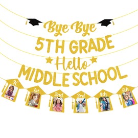 Oudain Graduation Decorations Class of 2025 Party Supplies, Bye Bye 5th Grade Hello Middle School Photo Banner, Glittery Grade Graduation Party Supplies for Boys Girls (Gold Glitter)