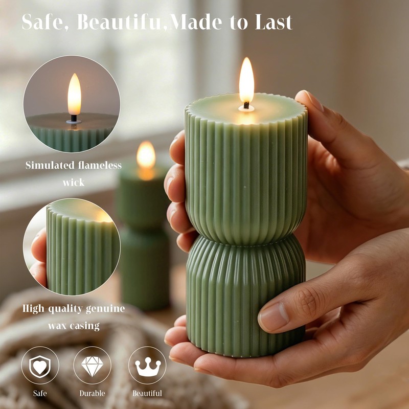 JOIONE Ribbed Green LED Flameless Candles 2 Pack with Remote