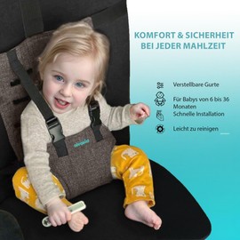 Portable Baby Travel Booster Seat - Compact & Easy to Carry, Adjustable Baby Chair with Safety Harness, Comfortable Dining Seat for Babies 6 Months to 3 Years (Dark Grey)