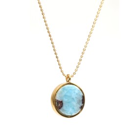 Gempires Larimar Coin Pendant Necklace, Round Disc Pendant, Gemstone Necklace, Lightweight, 18 inch 14k Gold Plated Diamond Ball Chain, Party Wear, Gift for Her