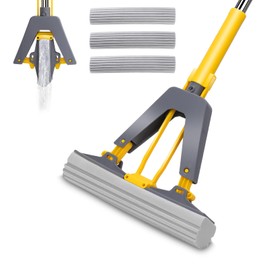 Nolopau Sponge Mop with Self-Squeeze Feature, Stainless Steel Handle, 3 PVA Absorbent Mop Head Refills, Ideal for Home & Commercial Use on Tile, Floor, Bathroom & Garage