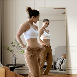 dr.nest 56"x15" Full Length Mirror, Gold Tempered Glass Rectangle Floor Standing Mirrors, Wall Mounted Hanging Aluminum Alloy Frame Bedroom Floor