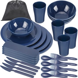 Tioncy 29 Pcs Camping Cutlery Set of 4 Camping Mess Kit Tableware Set Unbreakable Plates Cups Bowls Cups Knives Spoons Forks Utensils with Black Bag for Travel Picnic Outdoor Dishwasher Safe