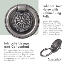 Utopia Alley Medici Cabinet Ring Pull Knob - Decorative Cabinet Drop Pull Knobs for Cabinets and Drawers - Vintage Cabinet Hardware with Hand Finished Pewter - Metal Drawer Pull Knobs 1 5/8"