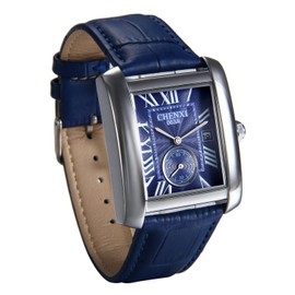 JewelryWe Square Independent Second Dial Japan Quartz Watch Auto Date Wristwatch for Men(Blue)