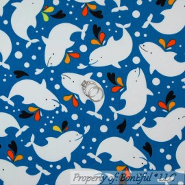 Robert Kaufman Fabrics BonEful Fabric FQ Cotton Quilt Blue Water DOLPHIN Fish White Bubble Beach Ocean