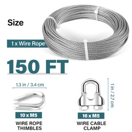 3/16 Wire Rope, 150ft 3/16 Stainless Steel Cable Wire, 7x19 Strand Aircraft Cable Wire Rope Kit, 3700lbs Breaking Strength with 3/16 Cable Clamps,Thimble for Deck Railing Shade Sails String Lights