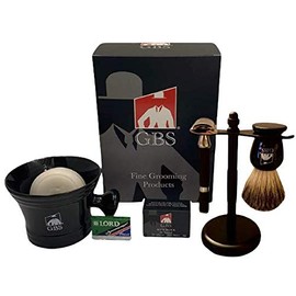 G.B.S Men's Premium 5 Piece Set- Double Edge Shaving Razor with Black Rubber Coated Handle, Shaving Mug, Synthetic Brush, Dual stand for Brush & Razor and 15 Blades, Alum Block